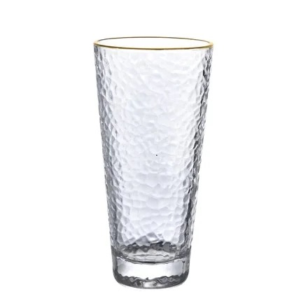 Ribbed Juice Water Drinking Glass Cup With Gold Rim